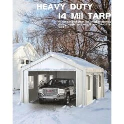 13x20Ft Heavy-Duty Carport With Detachable Sidewalls, Doors, Sandbags, Waterproof Fabric For Cars, Boats, Trucks, And Motorcycles (White)