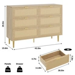 WhizMax Rattan 6 Drawer Dresser, Wooden Chest Of Drawers With Metal Legs And Handles, Wide Double Drawer Dresser For Bedroom, Living Room, Natural