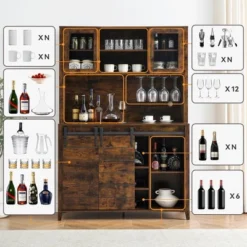WhizMax 70" Farmhouse Coffee Bar Wine Cabinet With Sliding Barn Doors, Tall Kitchen Hutch With Wine & Glasses Rack, For Kitchen, Dining Room, Oak -Home Decor Store GUEST 044da25d 4af0 4ffe a5b5 8cadf42be62c