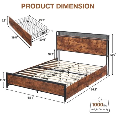 Full Queen Bed Frame With Storage Drawers And Charging Station, LED Light Bed With Storage Headboard, Platform Bed With Strong Wood Slats Support 1 Full Queen Bed Frame With Storage Drawers And Charging Station, LED Light Bed With Storage Headboard, Platform Bed With Strong Wood Slats Support