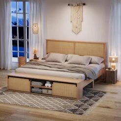 Rattan King Bed Frame - Boho Farmhouse Style W/Sliding Barn Door Storage & Headboard, Solid Wood Platform Base -Home Decor Store GUEST 086f74ae 1634 4ede 98ba acddbb1ff33f