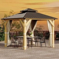 10x10 Ft Hardtop Gazebo With Netting And Curtains, Wood Gazebo Heavy Duty Double Roof For Patio, Backyard