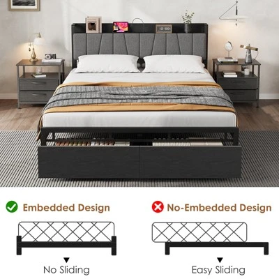 Whizmax Queen Size Bed Frame With Upholstered Headboard, Industrial Queen Platform Bed With 2 Storage Drawer And Charging Station No Box Spring Needed 5 Whizmax Queen Size Bed Frame With Upholstered Headboard, Industrial Queen Platform Bed With 2 Storage Drawer And Charging Station No Box Spring Needed - Image 5