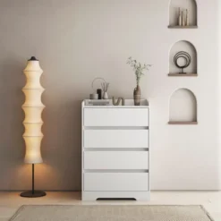 4 Drawer Dresser, Chest Of Drawers Without Handle, White Dresser For Bedroom, Waterproof Wooden Cabinet With Sturdy Frame For Living Room, Entryway