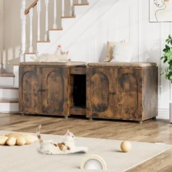 55.1" Double Cat Litter Box Enclosure With Rattan Doors - Hidden Cabinet For 2 Cats, Odor Control & Litter Mat -Home Decor Store GUEST 19c443e3 ebec 452c 9395 2b2fd850b688