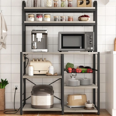 Kitchen Baker Rack With Wire Basket, Microwave Stand With Power Outlet, Large Open Storage Shelves, 6-Tier Freestanding Utility Storage Shelf 7 Kitchen Baker Rack With Wire Basket, Microwave Stand With Power Outlet, Large Open Storage Shelves, 6-Tier Freestanding Utility Storage Shelf - Image 7