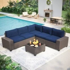 6 Pieces Outdoor Patio Furniture Set, Wicker Patio Conversation Set Sectional Sofa, Brown Patio Sofa With 5 Navy Blue Cushions And 1 Coffee Table -Home Decor Store GUEST 1c7555c9 8401 45a5 b24d 3de289a9c6e4