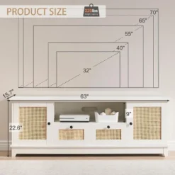 Rattan TV Stand, Modern Entertainment Center For 65/70 Inch TV, White Media Center With 2 Drawers And 2 Cabinets