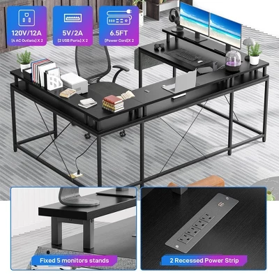 U Shaped Desk, 126 Inch Gaming Desk With Monitor Stand And LED Lights 5 U Shaped Desk, 126 Inch Gaming Desk With Monitor Stand And LED Lights - Image 5