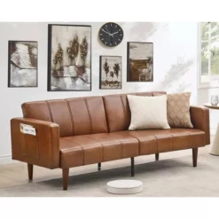 75" Futon Sofa Bed, Mid-Century Modern Futon Couch, Convertible Sleeper Sofa With Adjustable Backrest, PU Leather Sofa Couch For Living Room, Brown -Home Decor Store GUEST 23c6a7e8 b086 44cf 9244 8fe93e5fc7ed