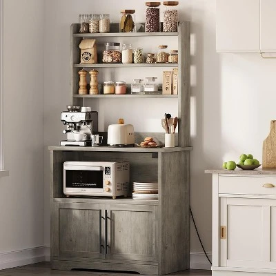 Farmhouse Microwave Stand Bakers Rack With Power Outlet, 63" Freestanding Bakers Rack With Thickened Counter And Storage Cabinet For Kitchen,Dining 8 Farmhouse Microwave Stand Bakers Rack With Power Outlet, 63" Freestanding Bakers Rack With Thickened Counter And Storage Cabinet For Kitchen,Dining - Image 8