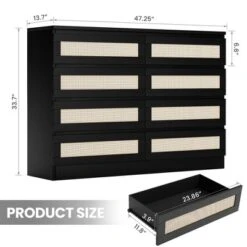 8 Drawer Double Dresser For Bedroom, Rattan Chest Of Dressers, Modern Wooden Dresser Chest