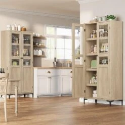63 Inch 5 Tier Bathroom Tall Storage Cabinet With Glass Doors And Adjustable Shelves, Kitchen Pantry Cabinet For Dining Room, Bathroom Natural -Home Decor Store GUEST 261d267f 1a94 4a8b a7b6 be8762b3f9c9