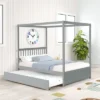 Full Size Canopy Bed With Twin Trundle, Kids Solid Wood Platform Bed Frame W/ Headboard, No Box Spring Needed