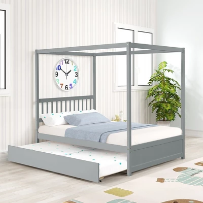 Full Size Canopy Bed With Twin Trundle, Kids Solid Wood Platform Bed Frame W/ Headboard, No Box Spring Needed 1 Full Size Canopy Bed With Twin Trundle, Kids Solid Wood Platform Bed Frame W/ Headboard, No Box Spring Needed