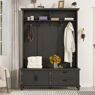 Modern Style Hall Tree With Storage Cabinet 2 Large Drawers Widen Mudroom Bench With 5 Coat Hooks For Entryway Living Room 7 Modern Style Hall Tree With Storage Cabinet 2 Large Drawers Widen Mudroom Bench With 5 Coat Hooks For Entryway Living Room - Image 7