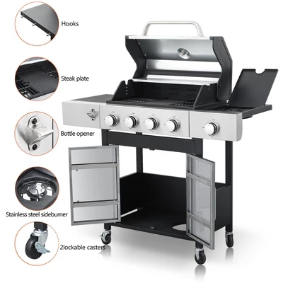 4 Burner Propane Gas BBQ Grill With Side Burner, 46790 BTU Output Gas Grill With Porcelain-Enameled Cast Iron Grates For Patio Camping 3 4 Burner Propane Gas BBQ Grill With Side Burner, 46790 BTU Output Gas Grill With Porcelain-Enameled Cast Iron Grates For Patio Camping - Image 3