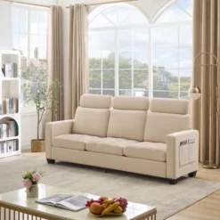 3 Seat Sofa Couch, 89'' Chenille Fabric Upholstered Sofa With Wide Armrest, Comfy Couches With Side Storage Pockets For Living Room, Bedroom