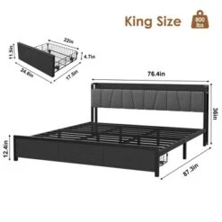 Whizmax King Size Bed Frame With Upholstered Headboard, Industrial King Platform Bed With 2 Storage Drawers And Charging Station, No Box Spring Needed