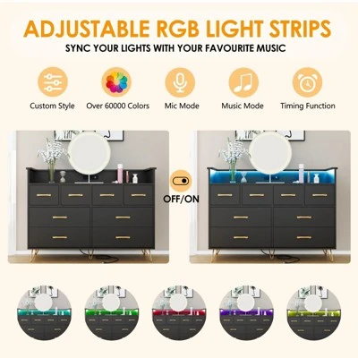 Dresser For Bedroom With LED Light & Power Outet, 8 Drawers Wooden Dressers With Open Space, Modern Chest Of Wide Drawers 4 Dresser For Bedroom With LED Light & Power Outet, 8 Drawers Wooden Dressers With Open Space, Modern Chest Of Wide Drawers - Image 4