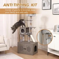 Modern Cat Tree With Litter Box Enclosure And Large Platform, All-in-One Cat Furniture With Space Capsule，Food Station And Hammocks, Gray -Home Decor Store GUEST 2fb697b6 63ce 41ea 8123 018a5fdde015