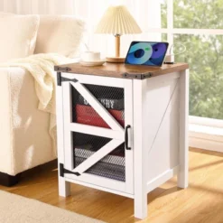 Nightstand With Charging Station, 18" Farmhouse Night Stand End Table With Barn Door