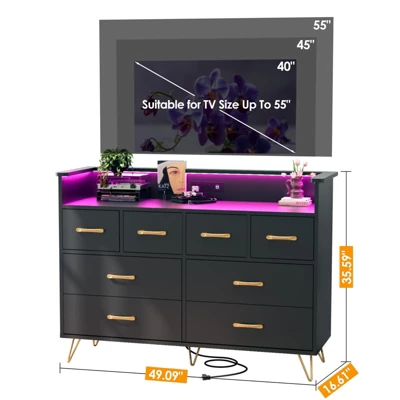 Dresser For Bedroom With LED Light & Power Outet, 8 Drawers Wooden Dressers With Open Space, Modern Chest Of Wide Drawers 1 Dresser For Bedroom With LED Light & Power Outet, 8 Drawers Wooden Dressers With Open Space, Modern Chest Of Wide Drawers