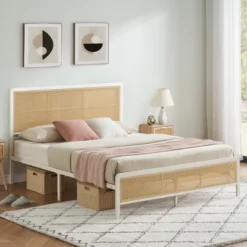 Full Size Rattan Bed Frame With Headboard, Modern Style Cane Boho Bed Frames With Heavy Duty Sturdy Steel Slat Support, No Box Spring Needed, White 16 Full Size Rattan Bed Frame With Headboard, Modern Style Cane Boho Bed Frames With Heavy Duty Sturdy Steel Slat Support, No Box Spring Needed, White -Home Decor Store GUEST 31df0b2c 56d6 444a 9dc5 c559f88da2e4