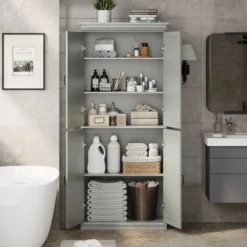 Tall Kitchen Pantry Cabinet, Storage Cabinet With 4 Doors & Adjustable Shelves, 70" Freestanding Cupboard, Tall Bathroom Linen Cabinet