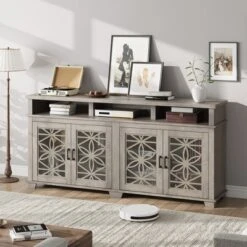 Farmhouse TV Stand For 80 Inch, Mid Century Entertainment Center With LED Lights, Wooden Media Cabinet With Glass Door For Living Room, Whitewash -Home Decor Store GUEST 3a4261ff 7d4a 4346 ae07 386729fe705e