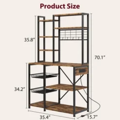 Baker Rack With Power Outlet, Kitchen Bakers Rack With 2 Wire Basket, Microwave Stand With Large Open Storage Shelves