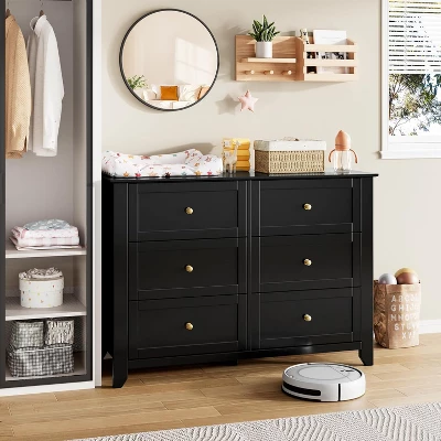 Large 6 Drawer Dresser With Deep Drawers & Metal Knobs, Modern Wooden Double Chests Of Drawers For Entryway 2 Large 6 Drawer Dresser With Deep Drawers & Metal Knobs, Modern Wooden Double Chests Of Drawers For Entryway - Image 2