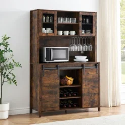 WhizMax 70" Farmhouse Coffee Bar Wine Cabinet With Sliding Barn Doors, Tall Kitchen Hutch With Wine & Glasses Rack, For Kitchen, Dining Room, Oak -Home Decor Store GUEST 42098903 200a 4834 a690 e58be0081831