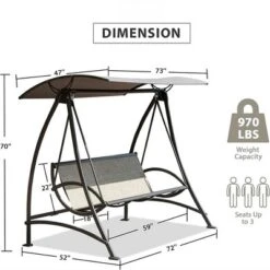 Outdoor 3-Seat Patio Swing Chair With Weather Resistant Canopy Steel Frame Swinging Bench For Garden Poolside Backyard