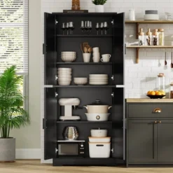 70" Black Tall Kitchen Pantry Cabinet With 4 Doors And Adjustable Shelves, Freestanding Storage Cabinet For Bathroom, Dining Room, Living Room