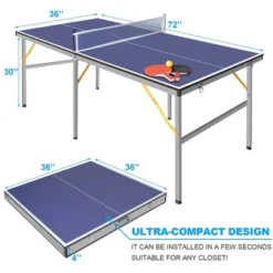 6FT Mid-Size Table Tennis Game Set - Indoor/Outdoor Portable Table Tennis Game With Net, 2 Table Tennis Paddles And 3 Balls,Stable Structure