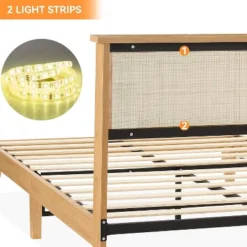 Deluxe Solid Wood Bed Frame With Natural Rattan Headboard, Queen Size Platform Bed Frame With LED Lights -Home Decor Store GUEST 453219cd 9c1f 4699 a643 82a11ecb95d4