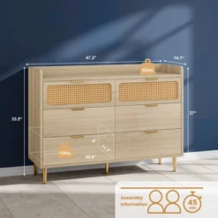 6 Drawer Rattan Dresser With Railed Edge, Modern Double Dresser With Metal Legs And Gold Handles, Farmhouse Wood Storage Chest Of Drawers For Bedroom And Nursery