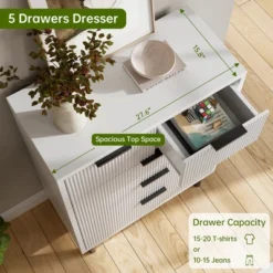 Wave Fluted 5 Drawer Dresser For Bedroom, Tall Dresser Chest Of Drawers, Wood Storage Dresser Organizer For Nursery Bedroom Living Room, White -Home Decor Store GUEST 48ff128a 1964 4fa2 bd48 51850139c51c