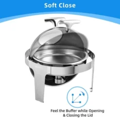 Roll Top Chafing Dish Buffet Set With Visible Window, 6.8 Quart Full Size Pan Chafer, Round Stainless Steel Set
