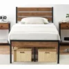 WhizMax Bed Frame With Headboard Footboard, Rustic Brown Wood Farmhouse Metal Platform Bedframe With Wooden Slat