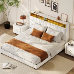 Whizmax Velvet Upholstered Platform Bed Frame With Storage Headboard, Nailhead Trim Wingback Headboard, Wood Slats Support, Off White -Home Decor Store GUEST 4c5345fd bc6d 43d9 ab8d c0492d8d24b8