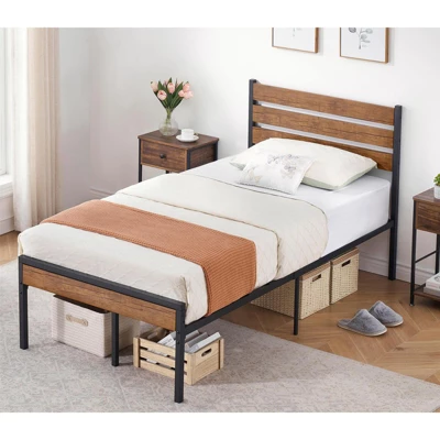 WhizMax Bed Frame With Headboard Footboard, Rustic Brown Wood Farmhouse Metal Platform Bedframe With Wooden Slat 7 WhizMax Bed Frame With Headboard Footboard, Rustic Brown Wood Farmhouse Metal Platform Bedframe With Wooden Slat - Image 7