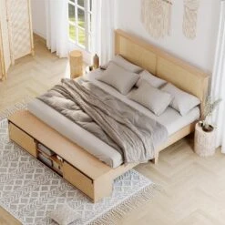Rattan King Bed Frame - Boho Farmhouse Style W/Sliding Barn Door Storage & Headboard, Solid Wood Platform Base -Home Decor Store GUEST 4ef2df27 538f 46d4 9045 d5e1a459b8a3