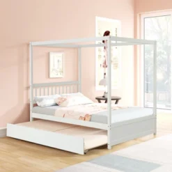Full Size Canopy Bed With Twin Trundle, Kids Solid Wood Platform Bed Frame W/ Headboard, No Box Spring Needed 15 Full Size Canopy Bed With Twin Trundle, Kids Solid Wood Platform Bed Frame W/ Headboard, No Box Spring Needed -Home Decor Store GUEST 501a9c1b 79f2 4909 93e7 4bd71be96053