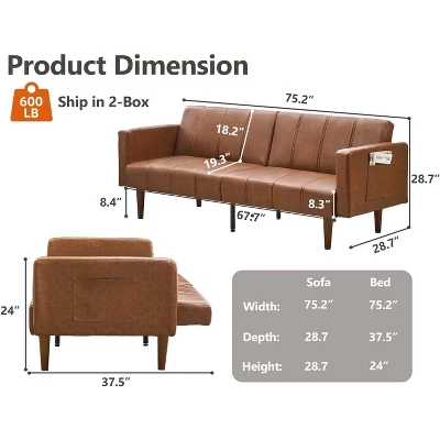 75" Mid-Century Futon Sofa Bed - PU Leather Convertible Sleeper Couch With Adjustable Backrest & Side Pockets For Living Room & Bedroom 2 75" Mid-Century Futon Sofa Bed - PU Leather Convertible Sleeper Couch With Adjustable Backrest & Side Pockets For Living Room & Bedroom - Image 2