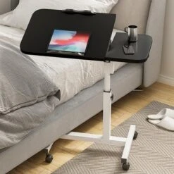 Movable Overbed Table With Wheels 23.6-37.4in Adjustable Height Overbed Table Rolling Tray Table Medical Bedside Desk With 0-90Degrees Tilting Surface