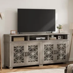 Farmhouse TV Stand For 80 Inch, Mid Century Entertainment Center With LED Lights, Wooden Media Cabinet With Glass Door For Living Room, Whitewash -Home Decor Store GUEST 590a0b60 dc1a 42e4 9c40 e84fab15048b