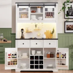 71" Farmhosue Pantry Bar Cabinet With Internal Pegboard Storage Rack,Power Outlet,Kitchen Cabinet With Sliding Door,9 Wine & Glasses Rack,3 Drawers -Home Decor Store GUEST 59e8954c 82c7 42b4 a510 acf0a603b712