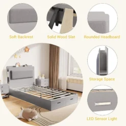 Twin Bed Frame With Upholstered Headboard And Storage – Wooden Platform Bed With 2 Drawers And 4 Open Shelves, Easy Assembly, Noise-Free, Grey -Home Decor Store GUEST 5c6f170d 1264 4183 bd41 334f2617ed39